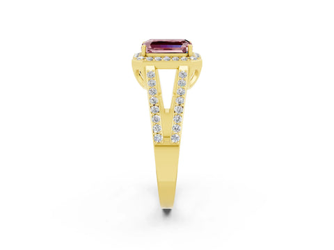 Yellow gold Emerald Cut Morganite Halo Ring with Split Shank U-Prong Band and Four-Prong Setting_2