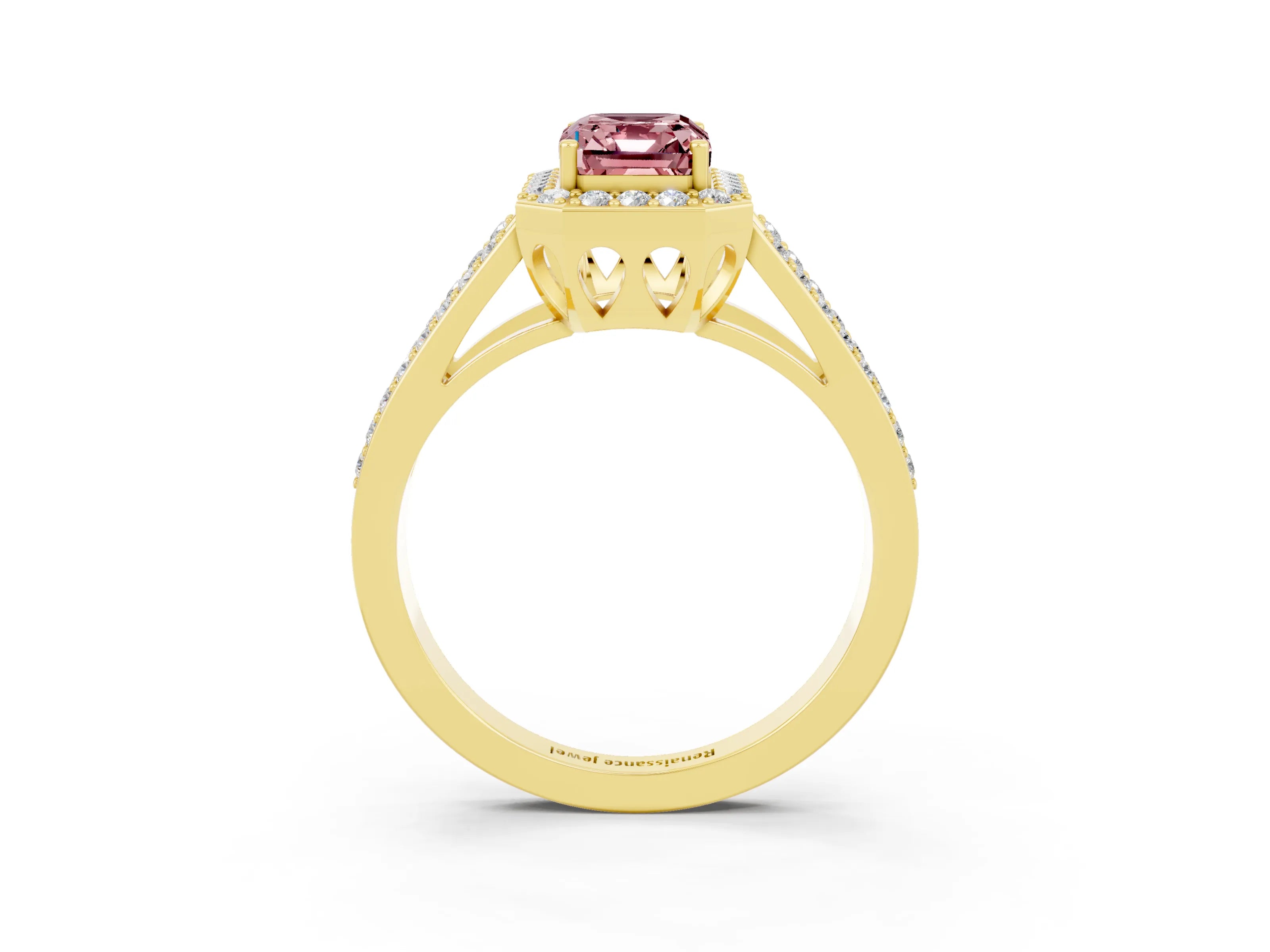 Yellow gold Emerald Cut Morganite Halo Ring with Split Shank U-Prong Band and Four-Prong Setting_3