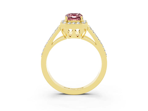 Yellow gold Emerald Cut Morganite Halo Ring with Split Shank U-Prong Band and Four-Prong Setting_3