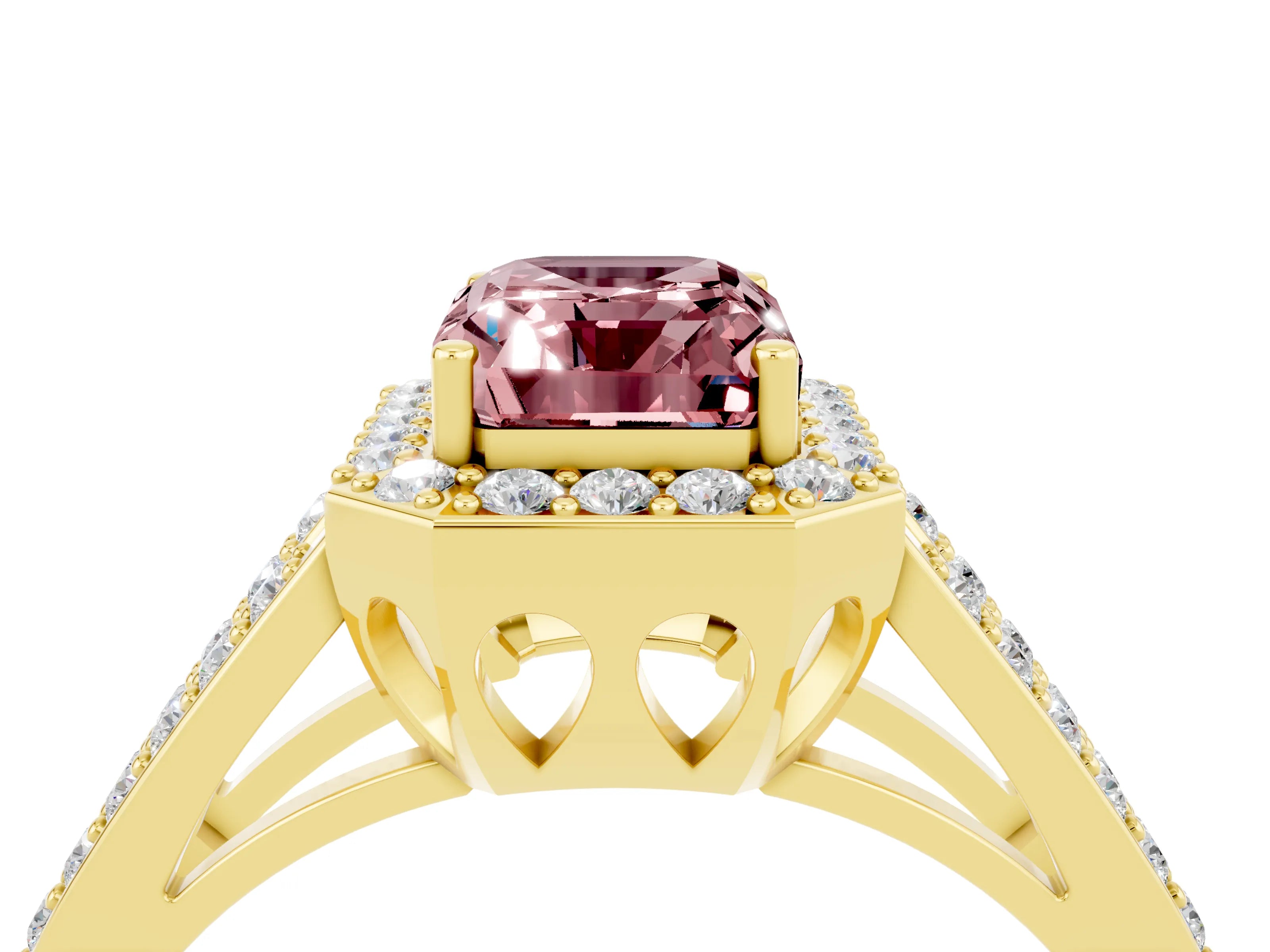 Yellow gold Emerald Cut Morganite Halo Ring with Split Shank U-Prong Band and Four-Prong Setting_4