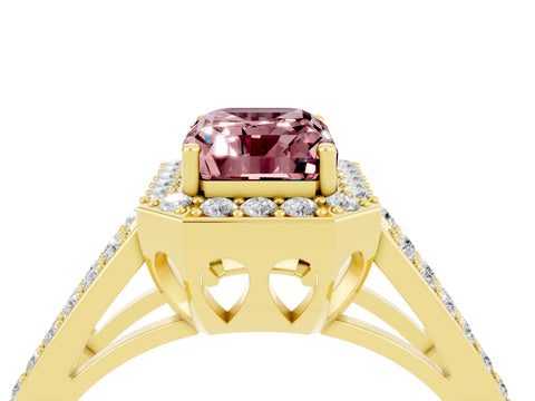 Yellow gold Emerald Cut Morganite Halo Ring with Split Shank U-Prong Band and Four-Prong Setting_4