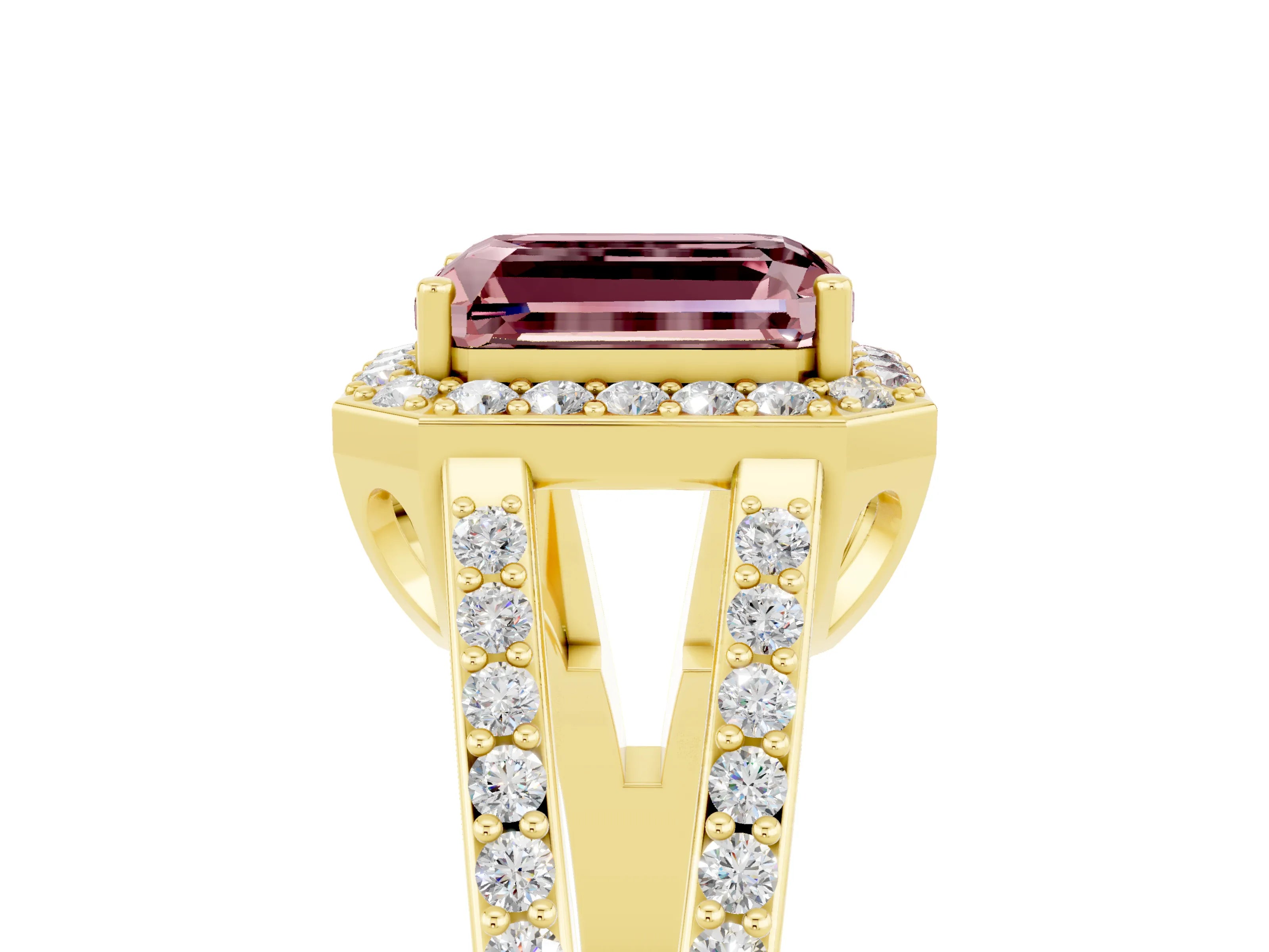 Yellow gold Emerald Cut Morganite Halo Ring with Split Shank U-Prong Band and Four-Prong Setting_5