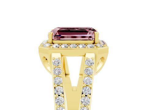 Yellow gold Emerald Cut Morganite Halo Ring with Split Shank U-Prong Band and Four-Prong Setting_5