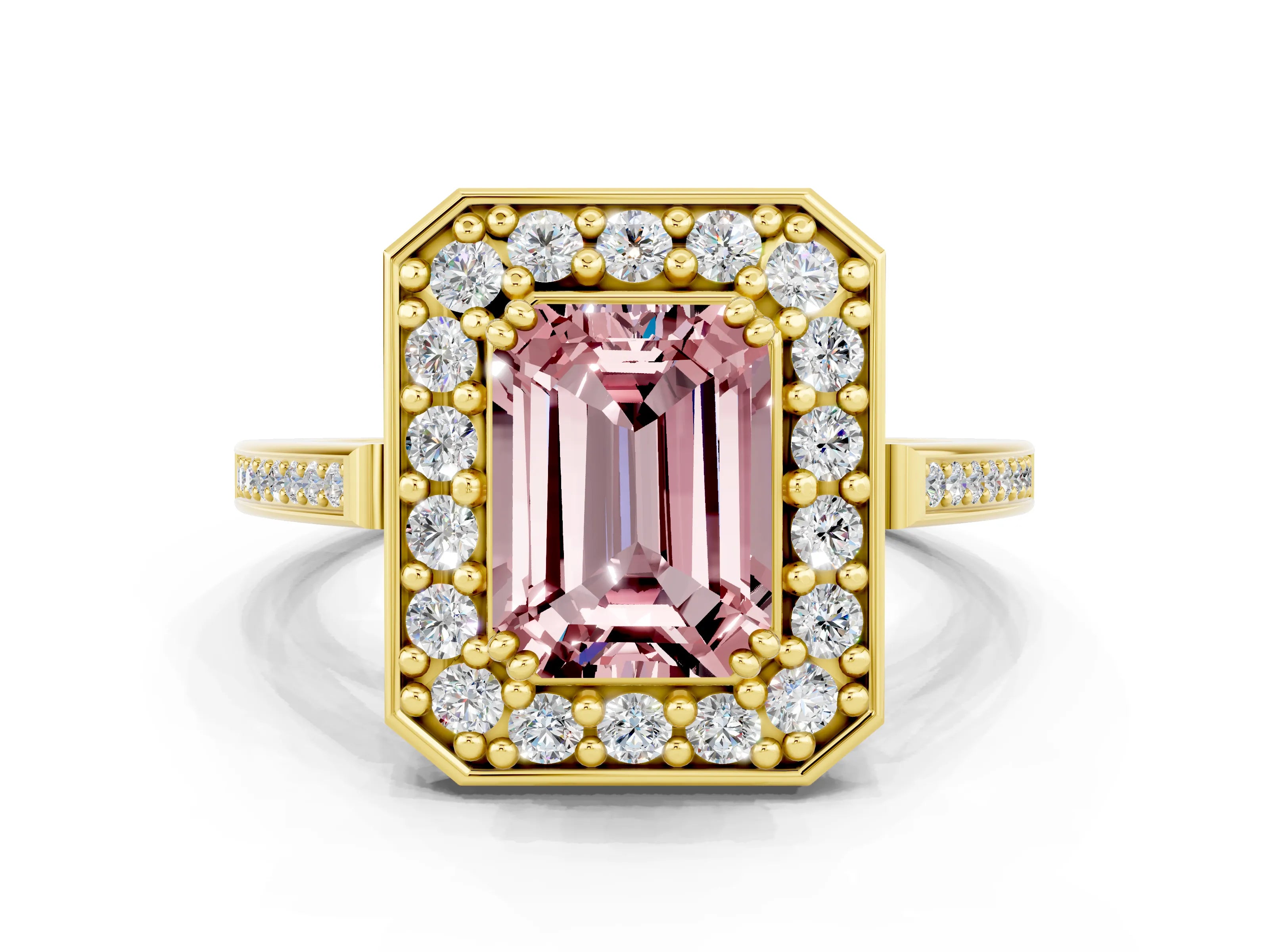 Yellow gold Emerald Cut Morganite Halo Ring with Split Shank and Four-Prong Setting