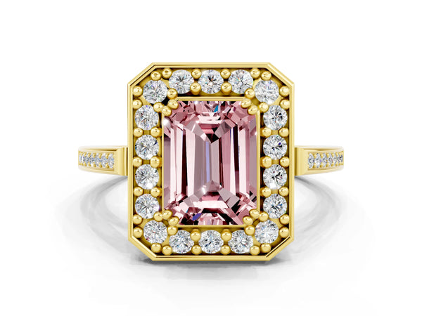 Yellow gold Emerald Cut Morganite Halo Ring with Split Shank and Four-Prong Setting