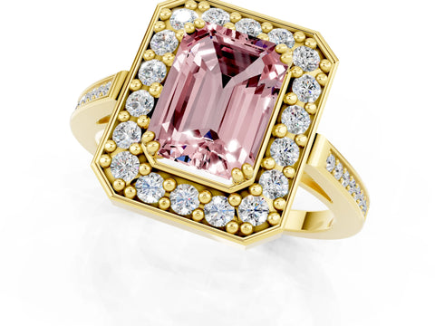 Yellow gold Emerald Cut Morganite Halo Ring with Split Shank and Four-Prong Setting_1