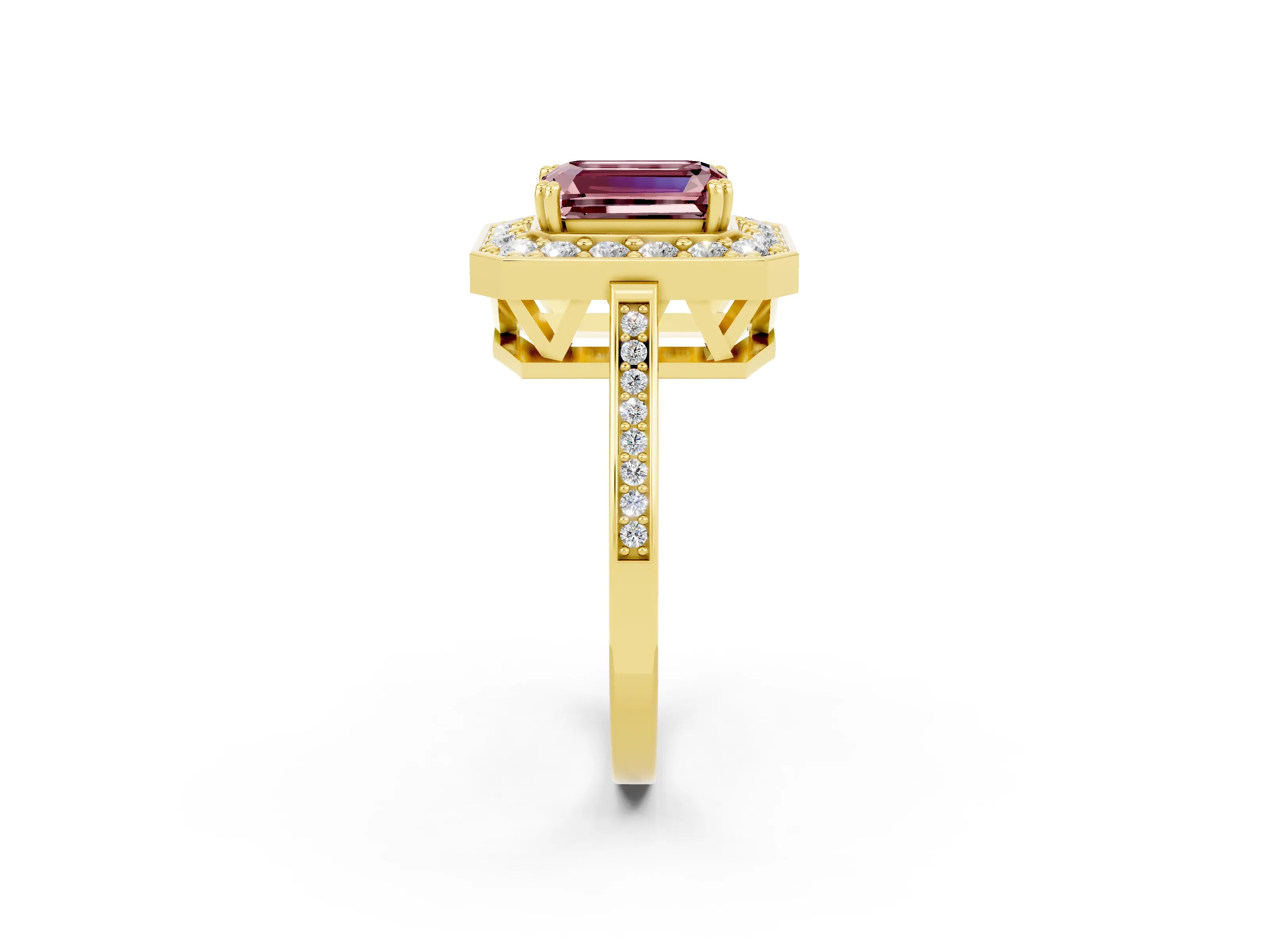 Yellow gold Emerald Cut Morganite Halo Ring with Split Shank and Four-Prong Setting_2
