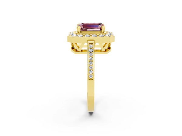 Yellow gold Emerald Cut Morganite Halo Ring with Split Shank and Four-Prong Setting