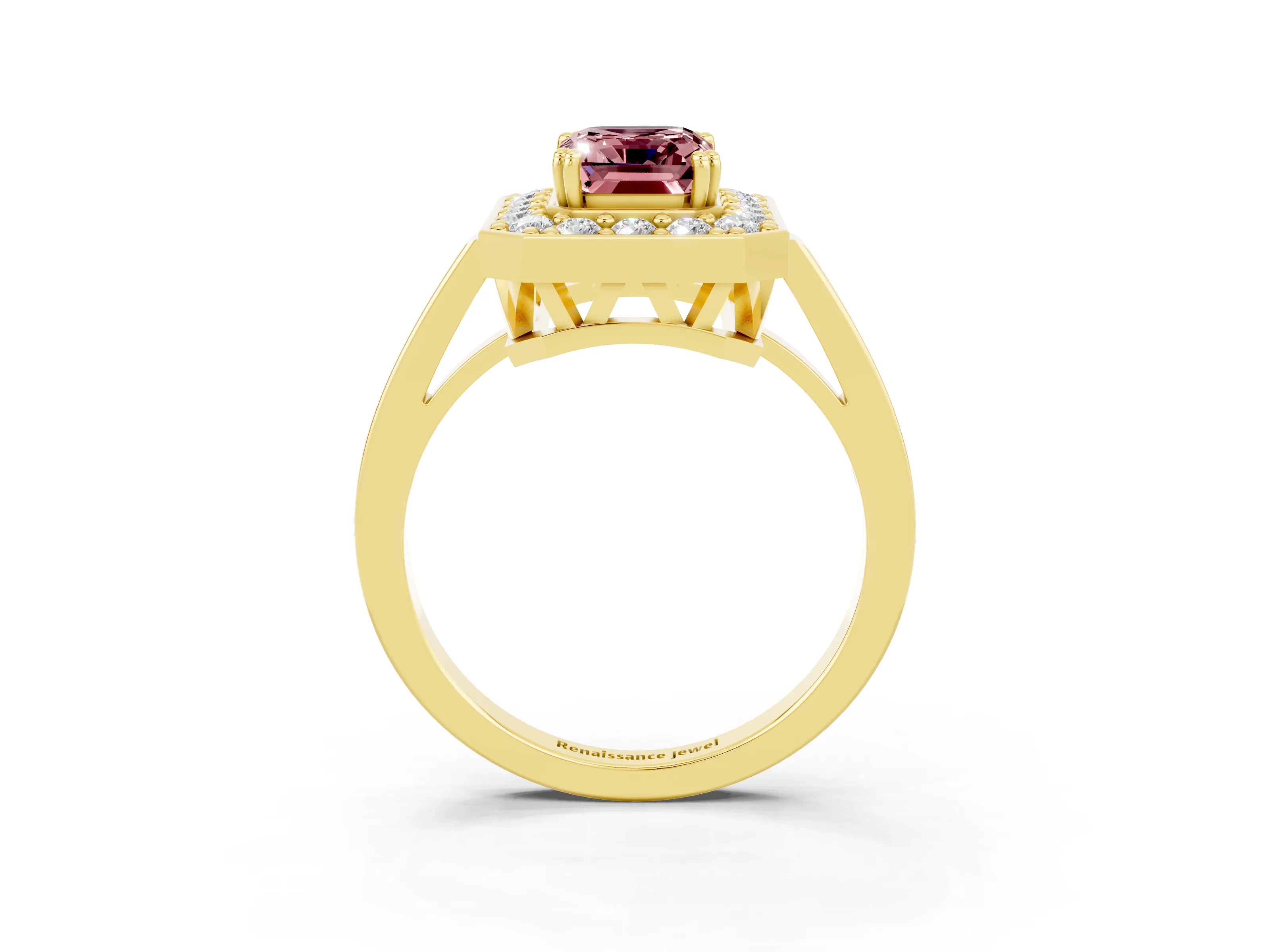 Yellow gold Emerald Cut Morganite Halo Ring with Split Shank and Four-Prong Setting_3