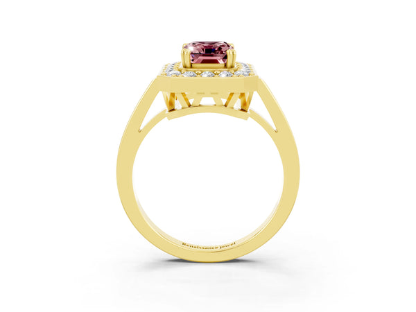 Yellow gold Emerald Cut Morganite Halo Ring with Split Shank and Four-Prong Setting