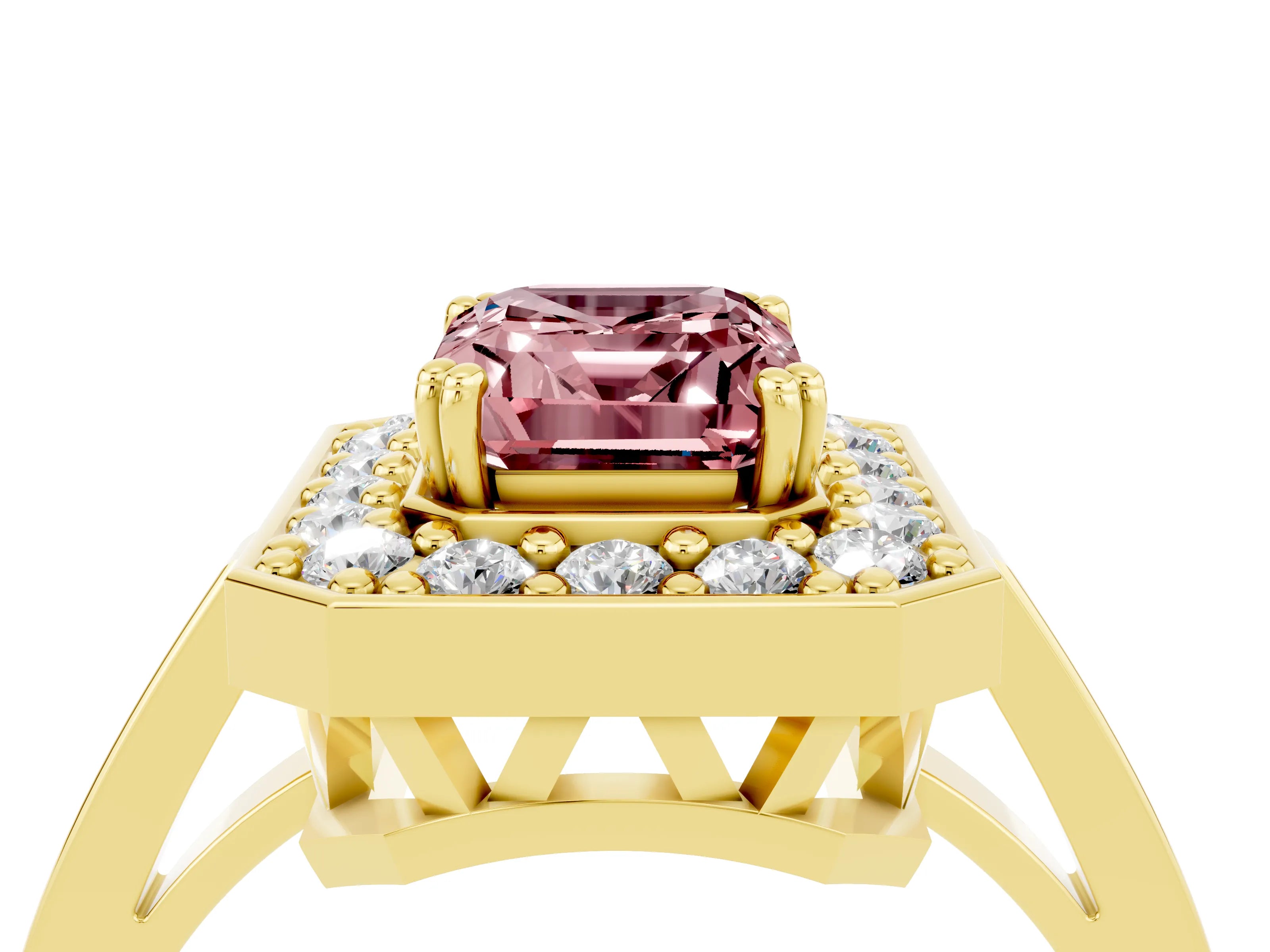 Yellow gold Emerald Cut Morganite Halo Ring with Split Shank and Four-Prong Setting_4