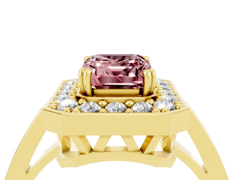Yellow gold Emerald Cut Morganite Halo Ring with Split Shank and Four-Prong Setting_4