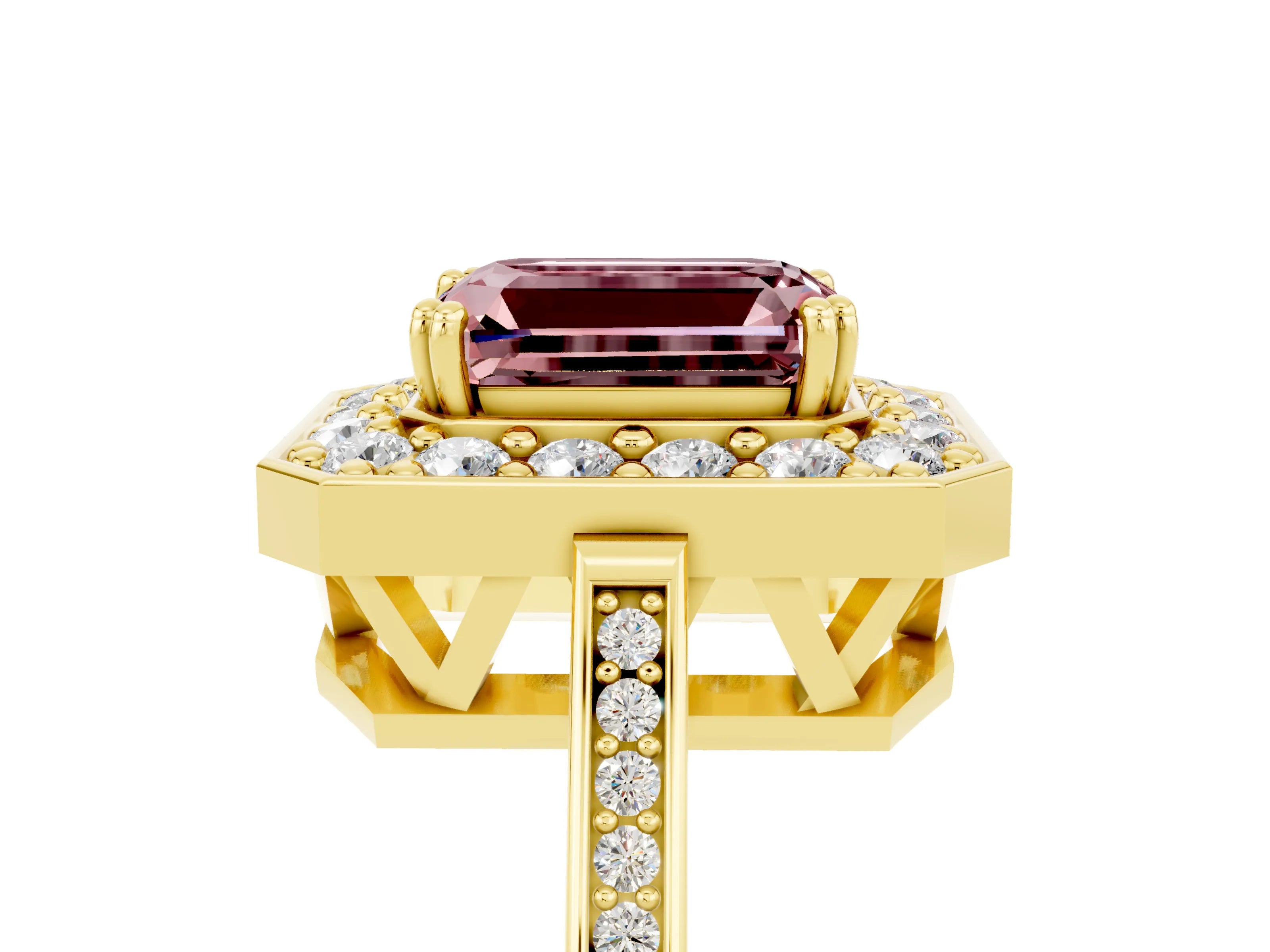Yellow gold Emerald Cut Morganite Halo Ring with Split Shank and Four-Prong Setting_5