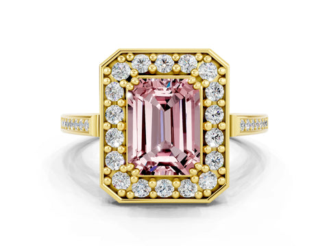 Yellow gold Emerald Cut Morganite Halo Ring with Split Shank and Four-Prong Setting