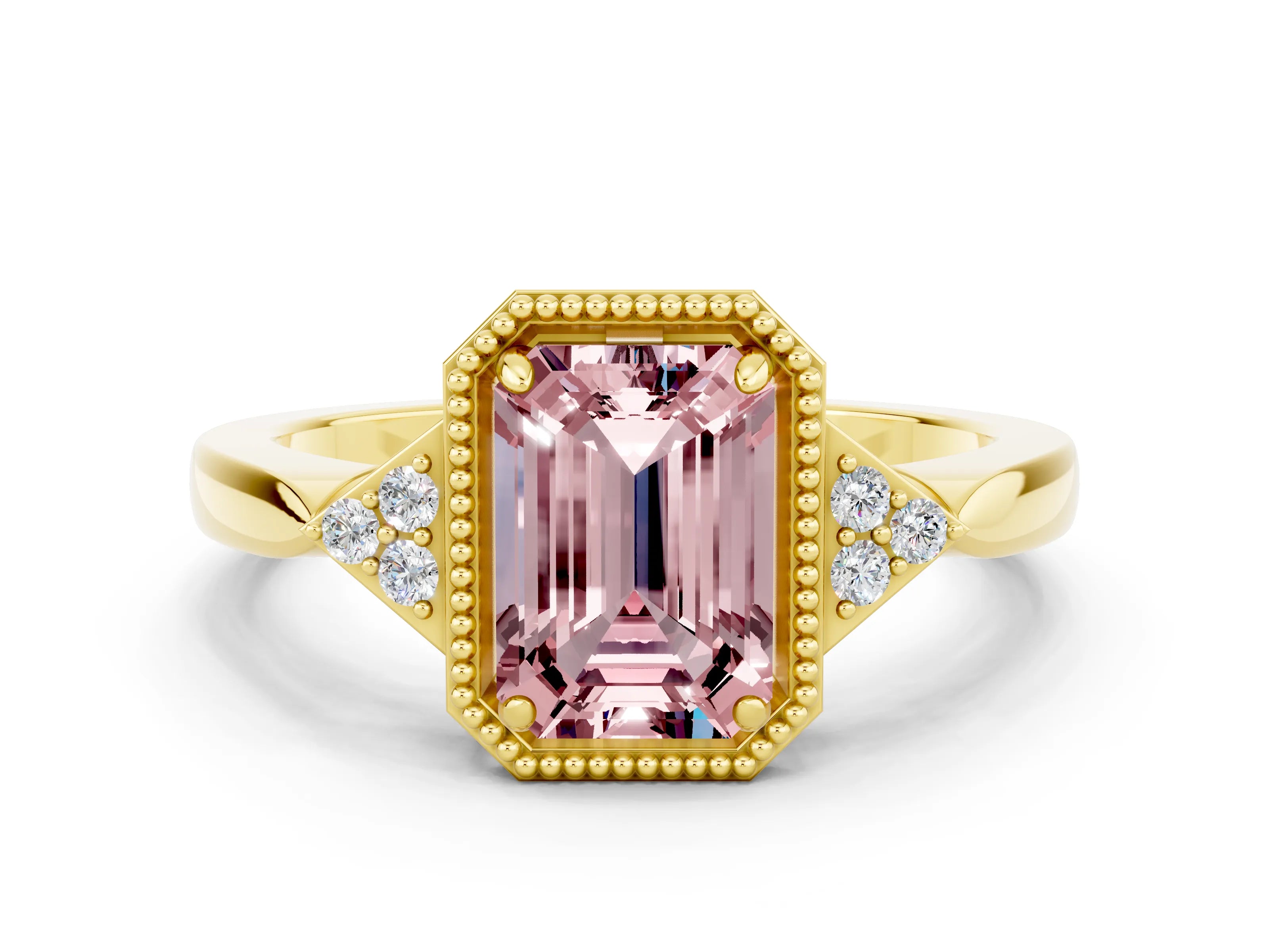 Yellow gold Emerald Cut Morganite Halo Ring with Tapered Band and Four-Prong Setting