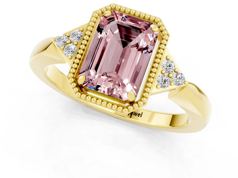 Yellow gold Emerald Cut Morganite Halo Ring with Tapered Band and Four-Prong Setting_1
