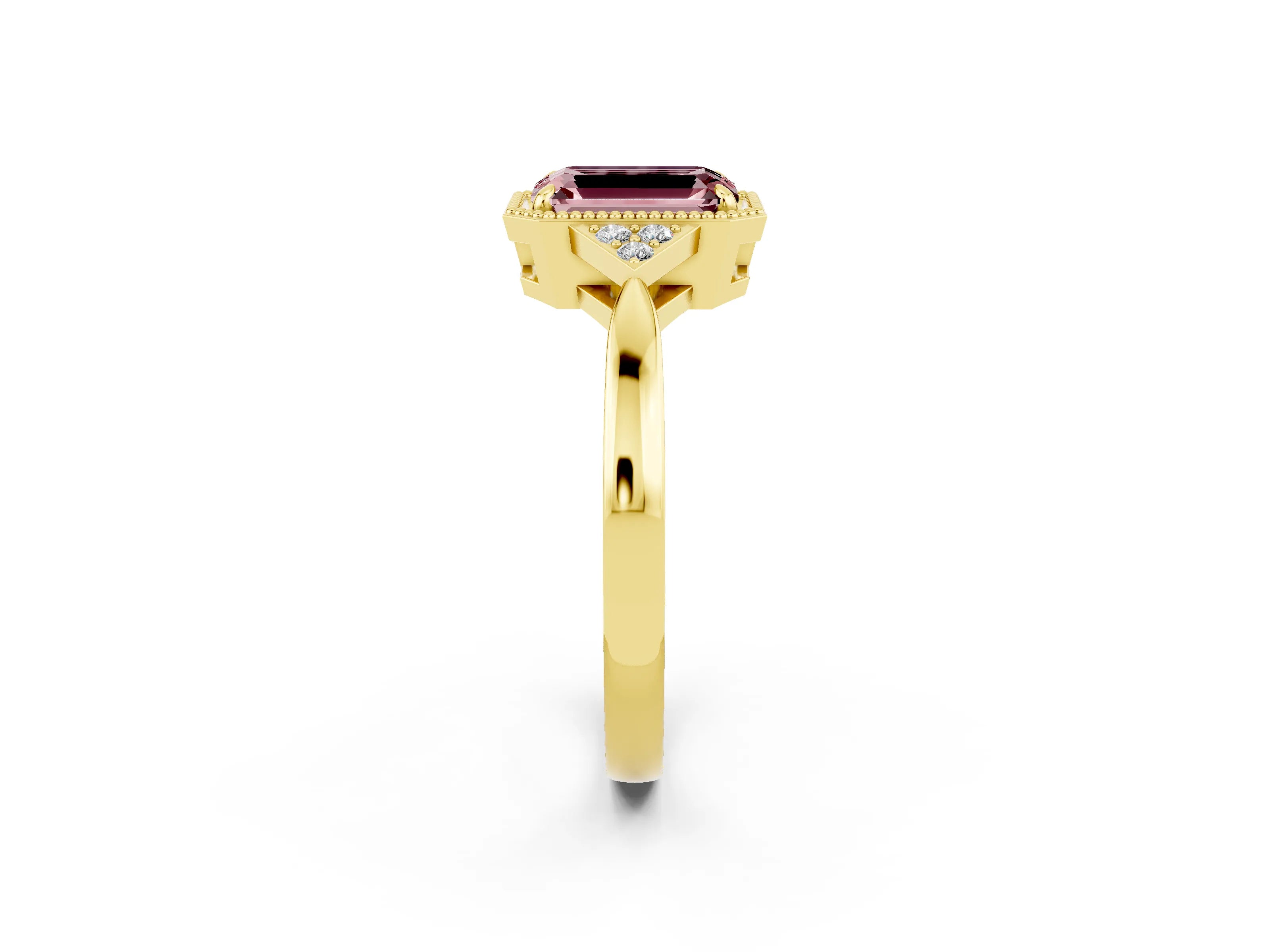 Yellow gold Emerald Cut Morganite Halo Ring with Tapered Band and Four-Prong Setting_2