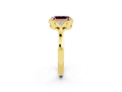 Yellow gold Emerald Cut Morganite Halo Ring with Tapered Band and Four-Prong Setting_2