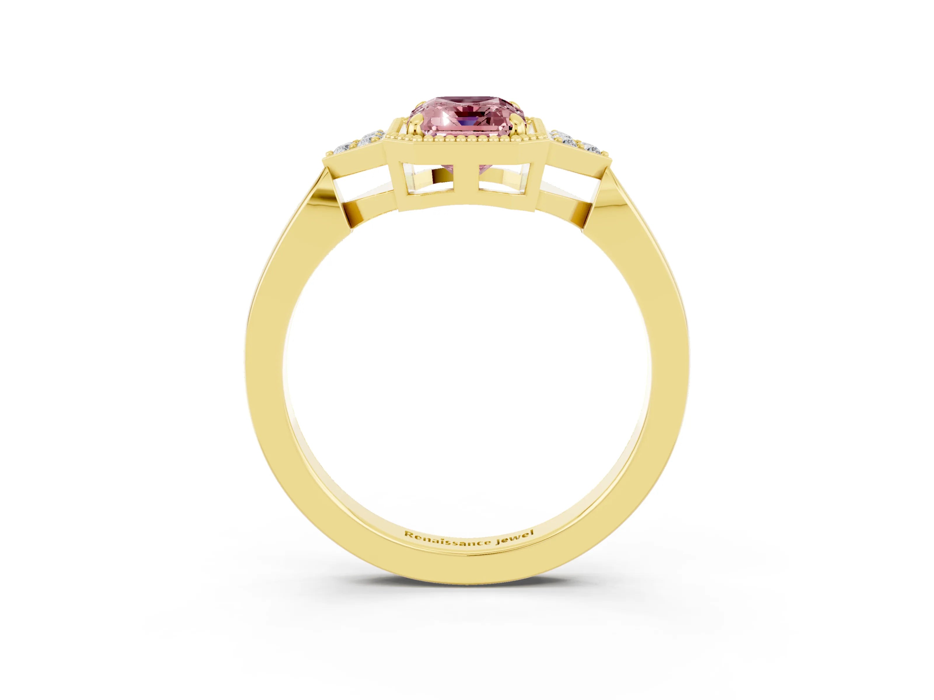 Yellow gold Emerald Cut Morganite Halo Ring with Tapered Band and Four-Prong Setting_3