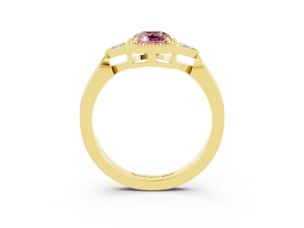 Yellow gold Emerald Cut Morganite Halo Ring with Tapered Band and Four-Prong Setting