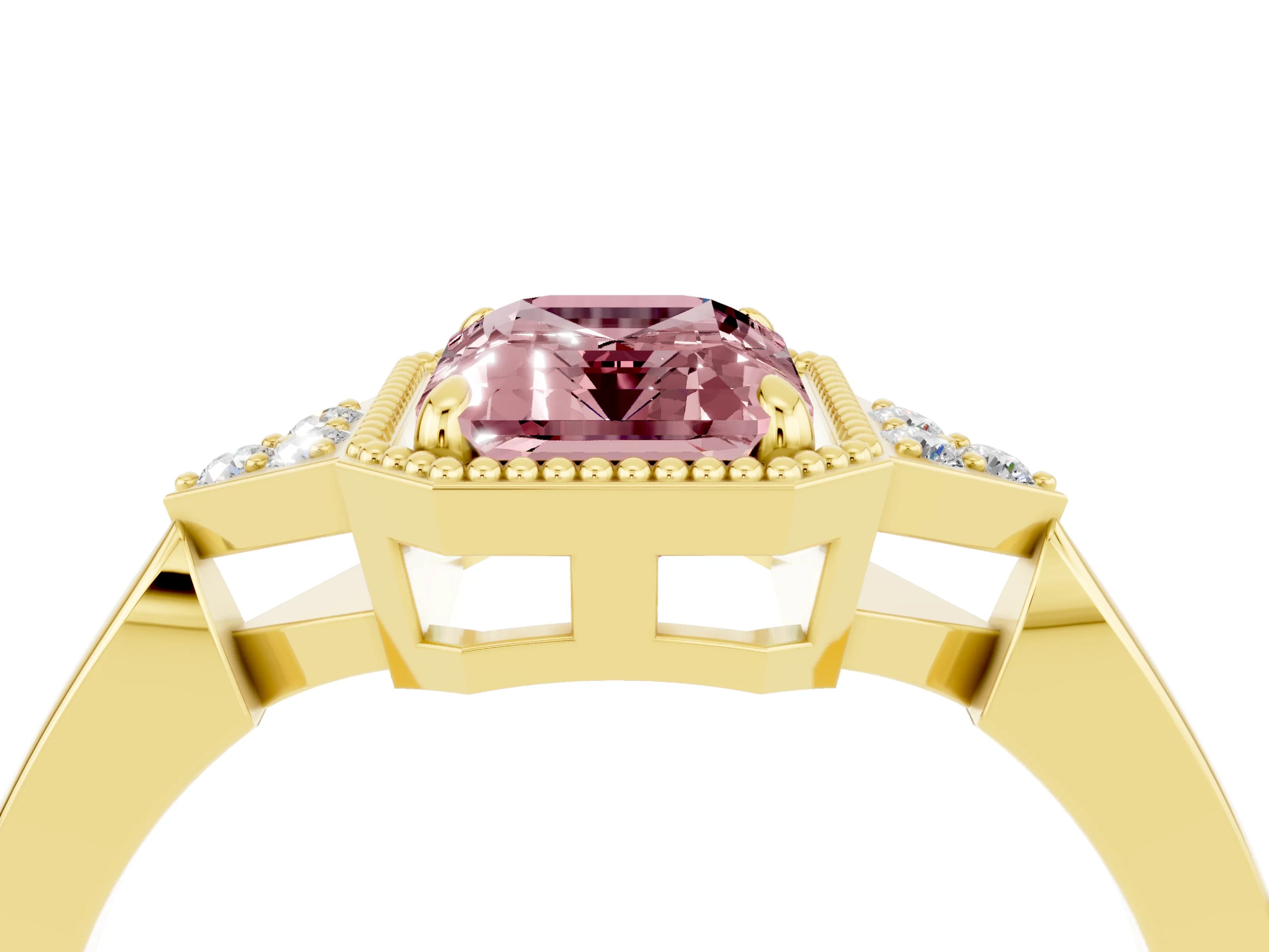 Yellow gold Emerald Cut Morganite Halo Ring with Tapered Band and Four-Prong Setting_4
