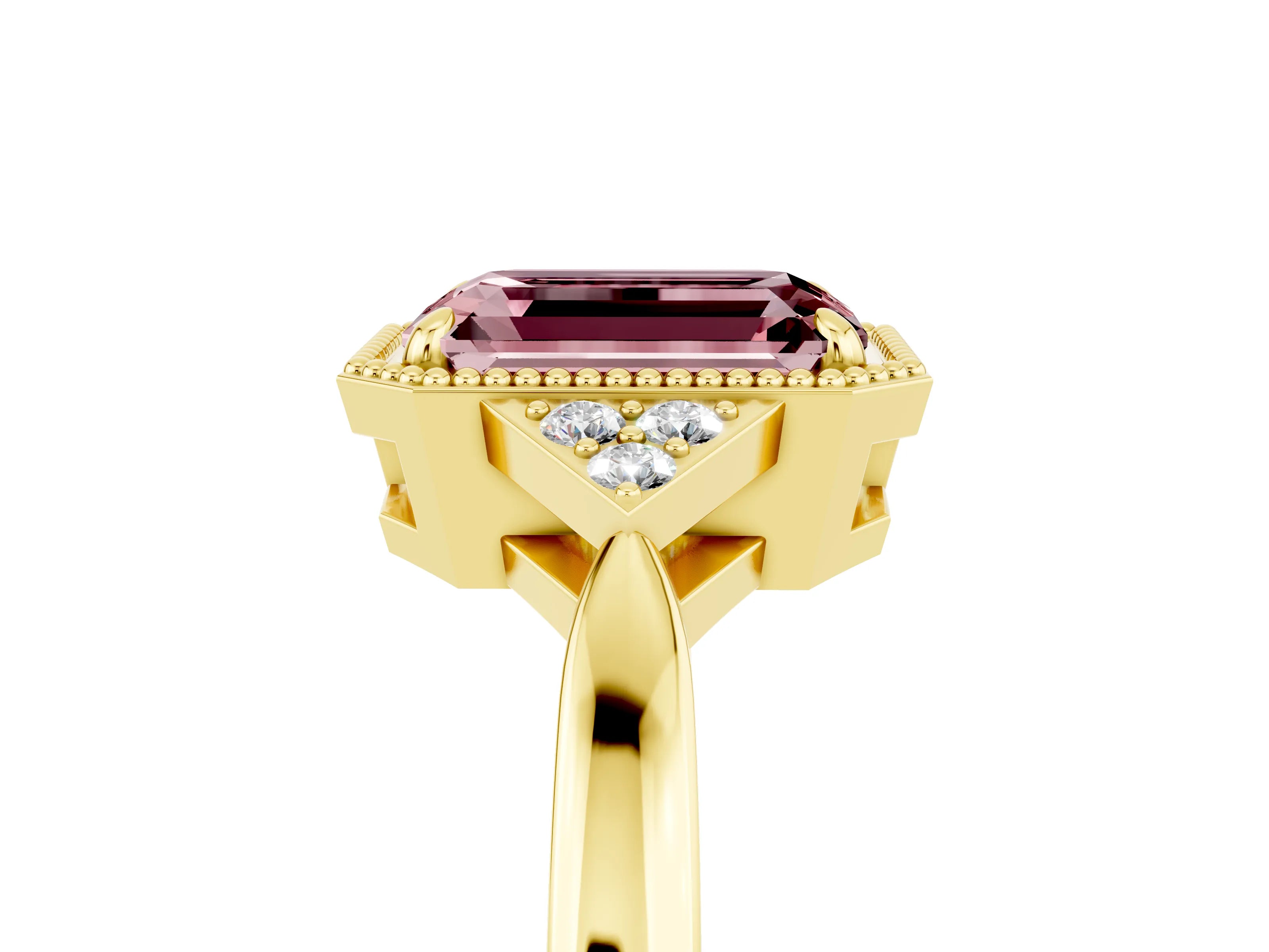 Yellow gold Emerald Cut Morganite Halo Ring with Tapered Band and Four-Prong Setting_5