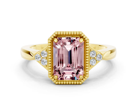 Yellow gold Emerald Cut Morganite Halo Ring with Tapered Band and Four-Prong Setting