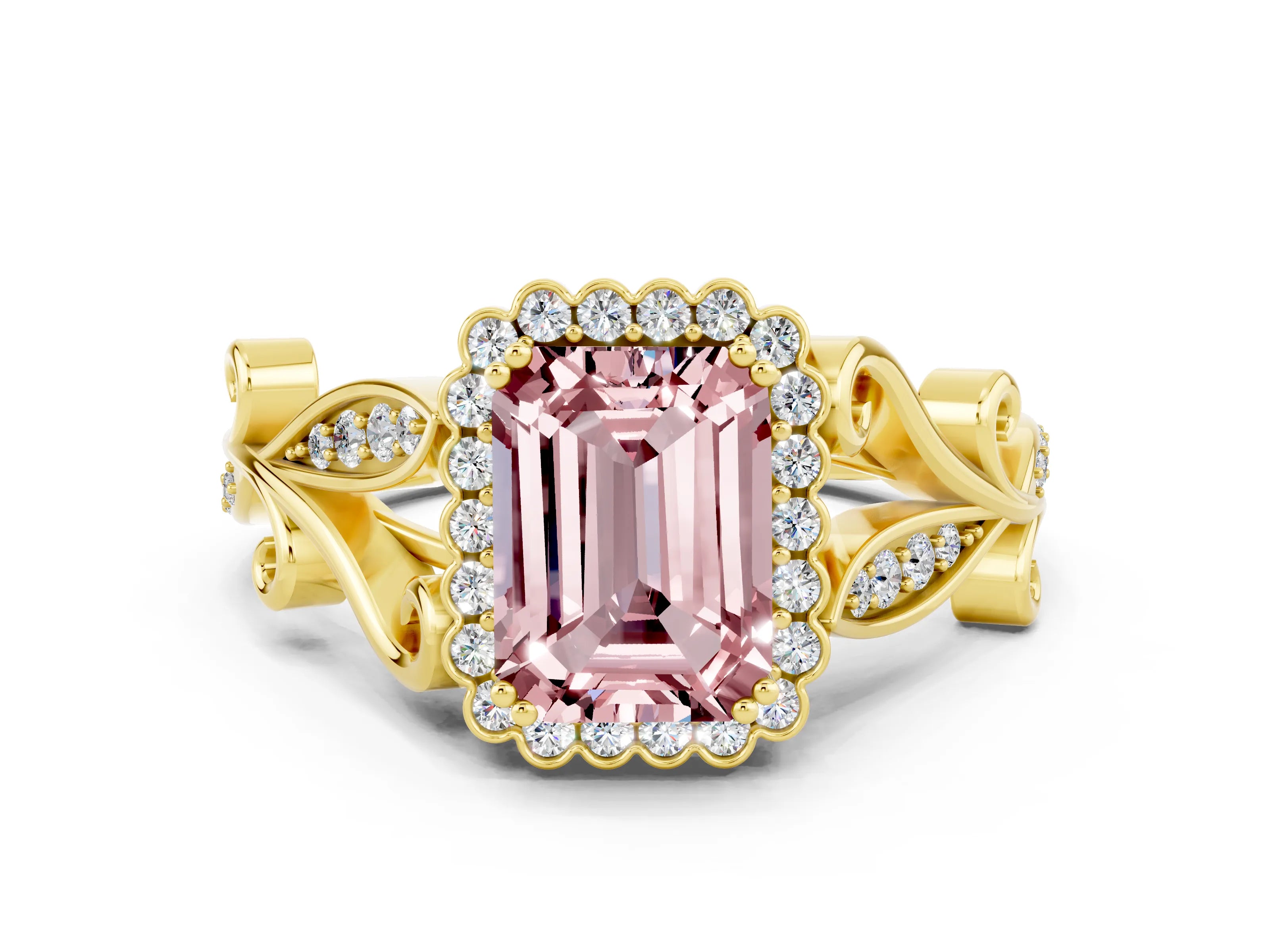 Yellow gold Emerald Cut Morganite Halo Ring with Vintage Split Shank and Four-Prong Setting