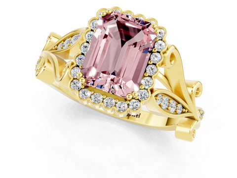 Yellow gold Emerald Cut Morganite Halo Ring with Vintage Split Shank and Four-Prong Setting_1