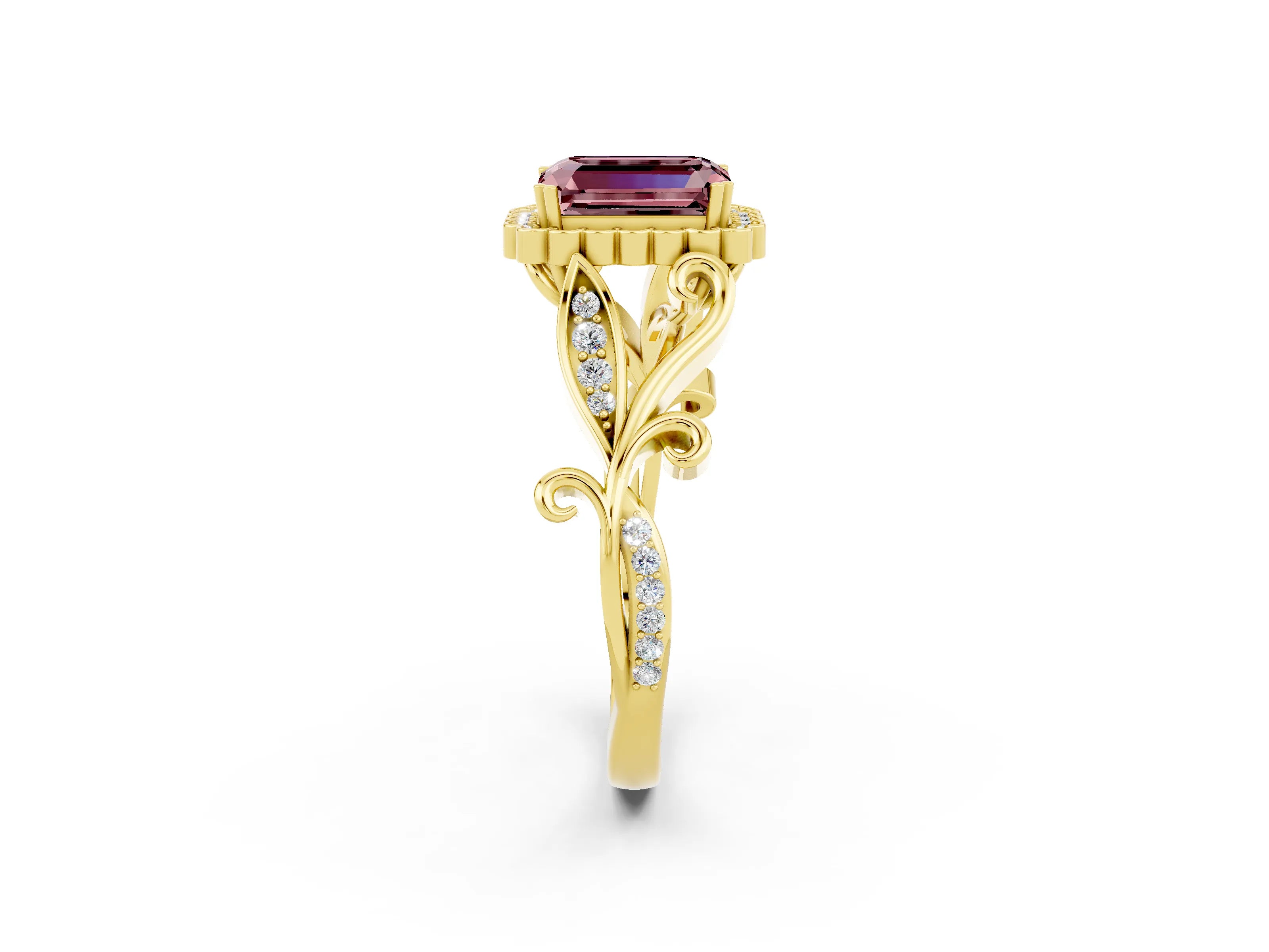 Yellow gold Emerald Cut Morganite Halo Ring with Vintage Split Shank and Four-Prong Setting_2