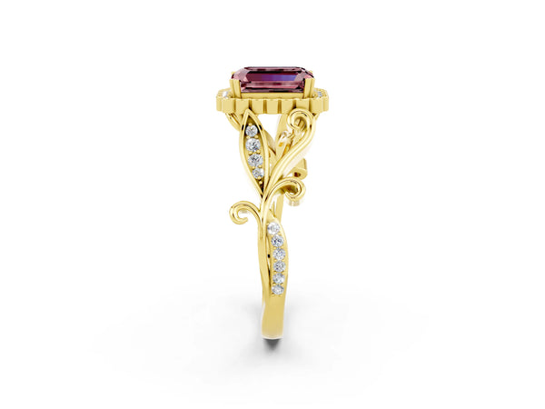 Yellow gold Emerald Cut Morganite Halo Ring with Vintage Split Shank and Four-Prong Setting
