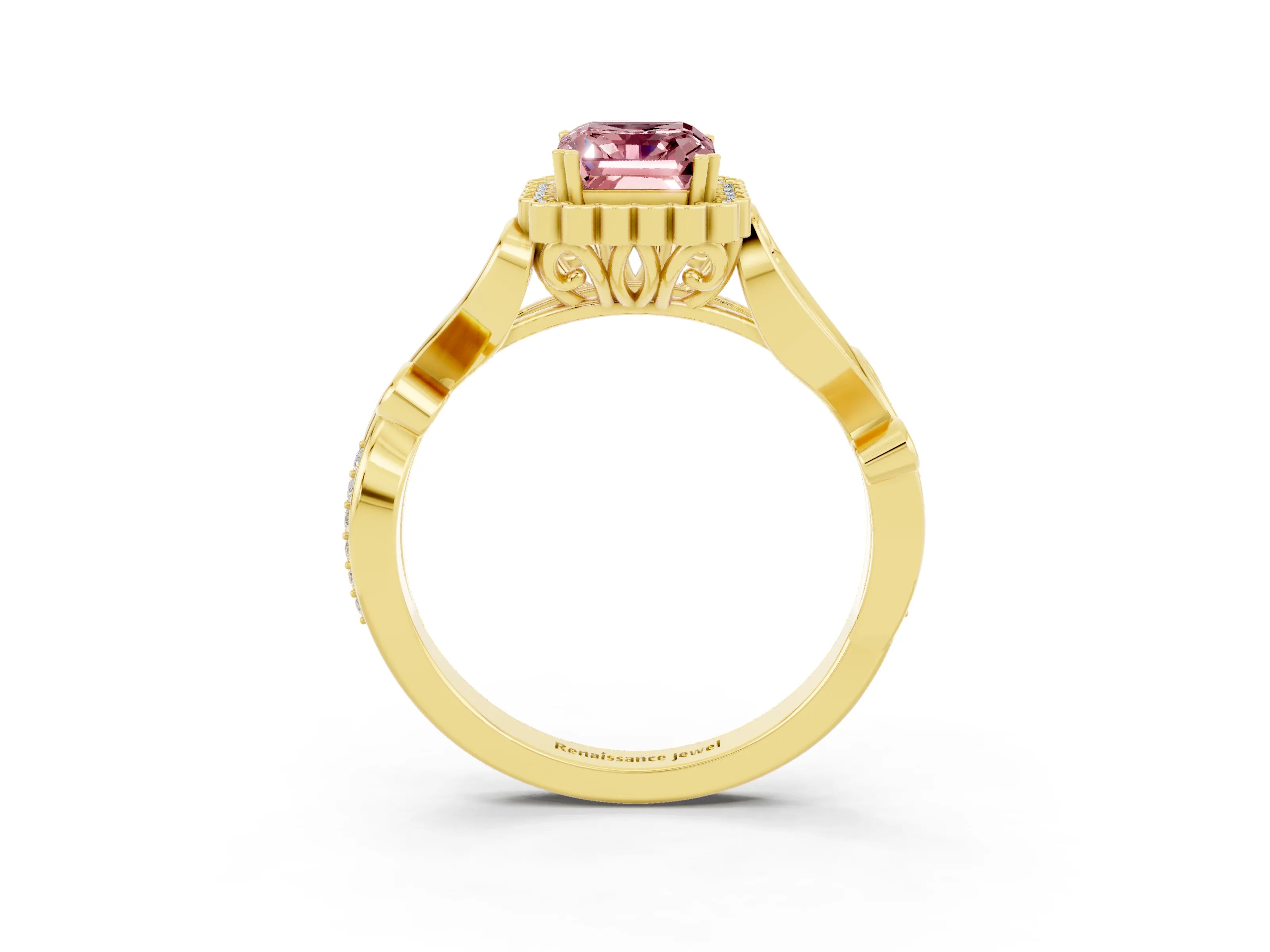 Yellow gold Emerald Cut Morganite Halo Ring with Vintage Split Shank and Four-Prong Setting_3