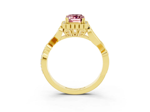 Yellow gold Emerald Cut Morganite Halo Ring with Vintage Split Shank and Four-Prong Setting_3