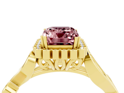 Yellow gold Emerald Cut Morganite Halo Ring with Vintage Split Shank and Four-Prong Setting_4