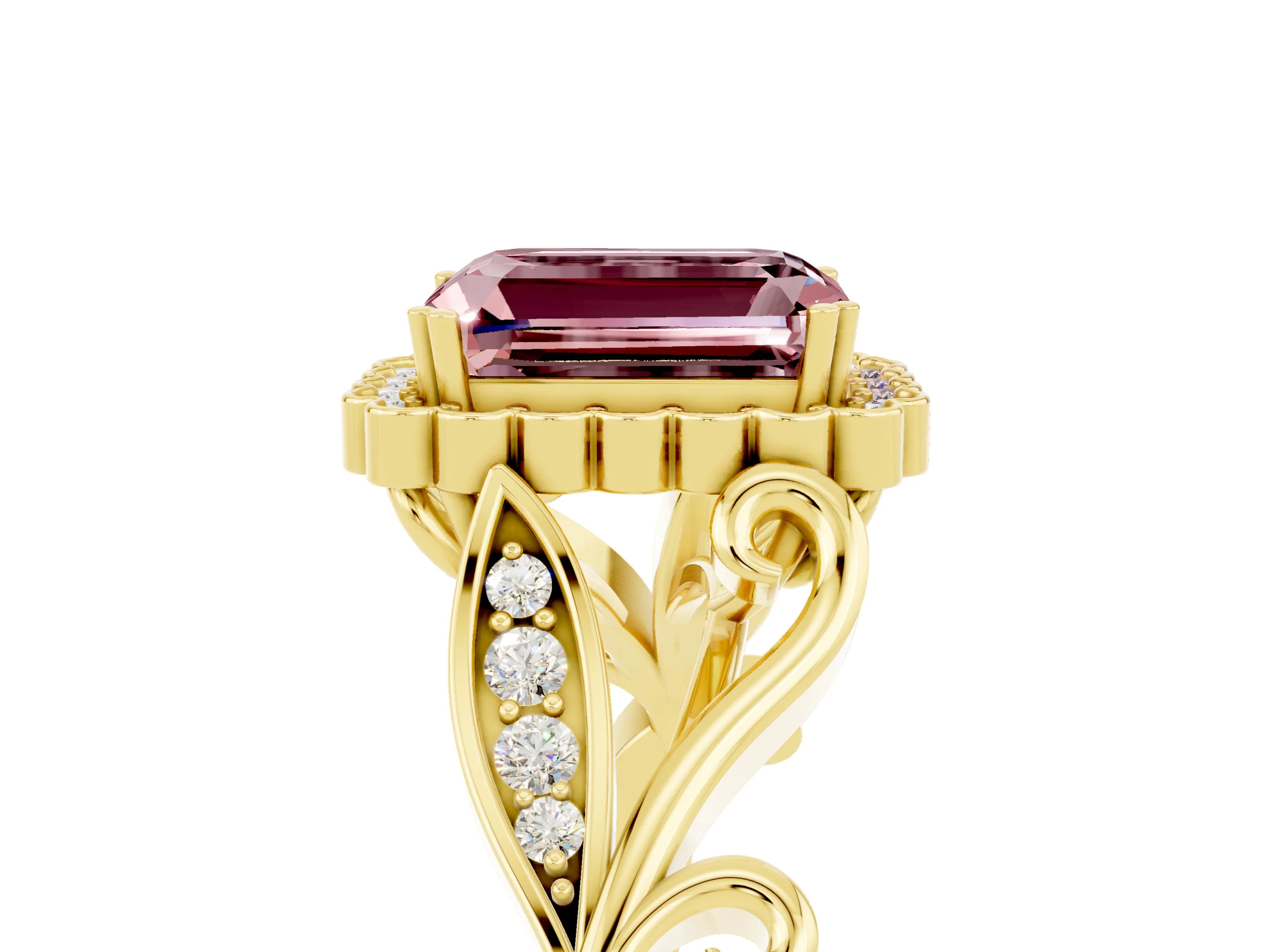 Yellow gold Emerald Cut Morganite Halo Ring with Vintage Split Shank and Four-Prong Setting_5