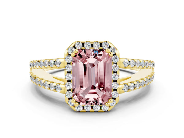 Yellow gold Emerald Cut Morganite Halo Split Shank Engagement Ring