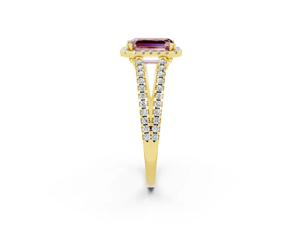 Yellow gold Emerald Cut Morganite Halo Split Shank Engagement Ring