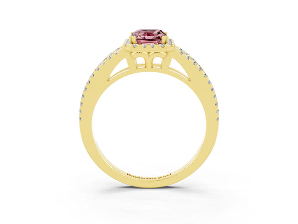 Yellow gold Emerald Cut Morganite Halo Split Shank Engagement Ring