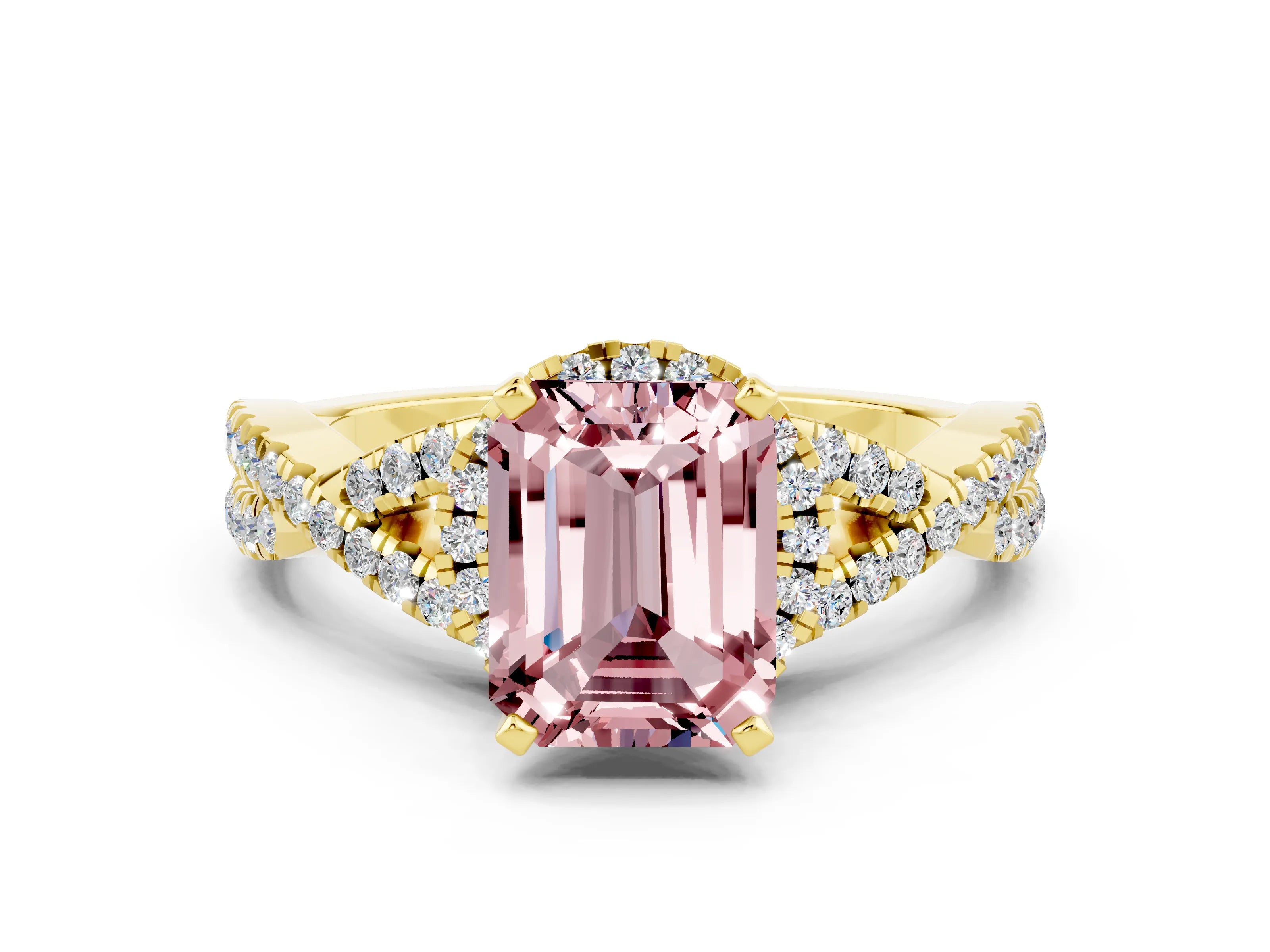 Yellow gold Emerald Cut Morganite Halo Twist Band Solitaire Prong Setting Ring