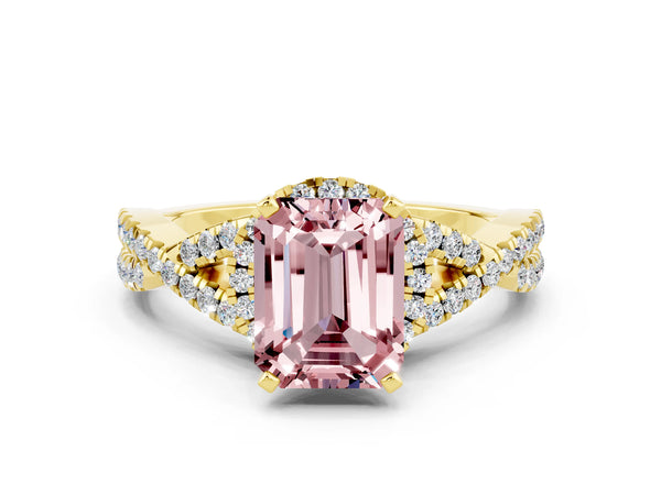 Yellow gold Emerald Cut Morganite  Halo Twist Band Solitaire Prong Setting Ring
