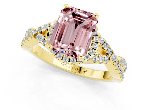 Yellow gold Emerald Cut Morganite Halo Twist Band Solitaire Prong Setting Ring_1