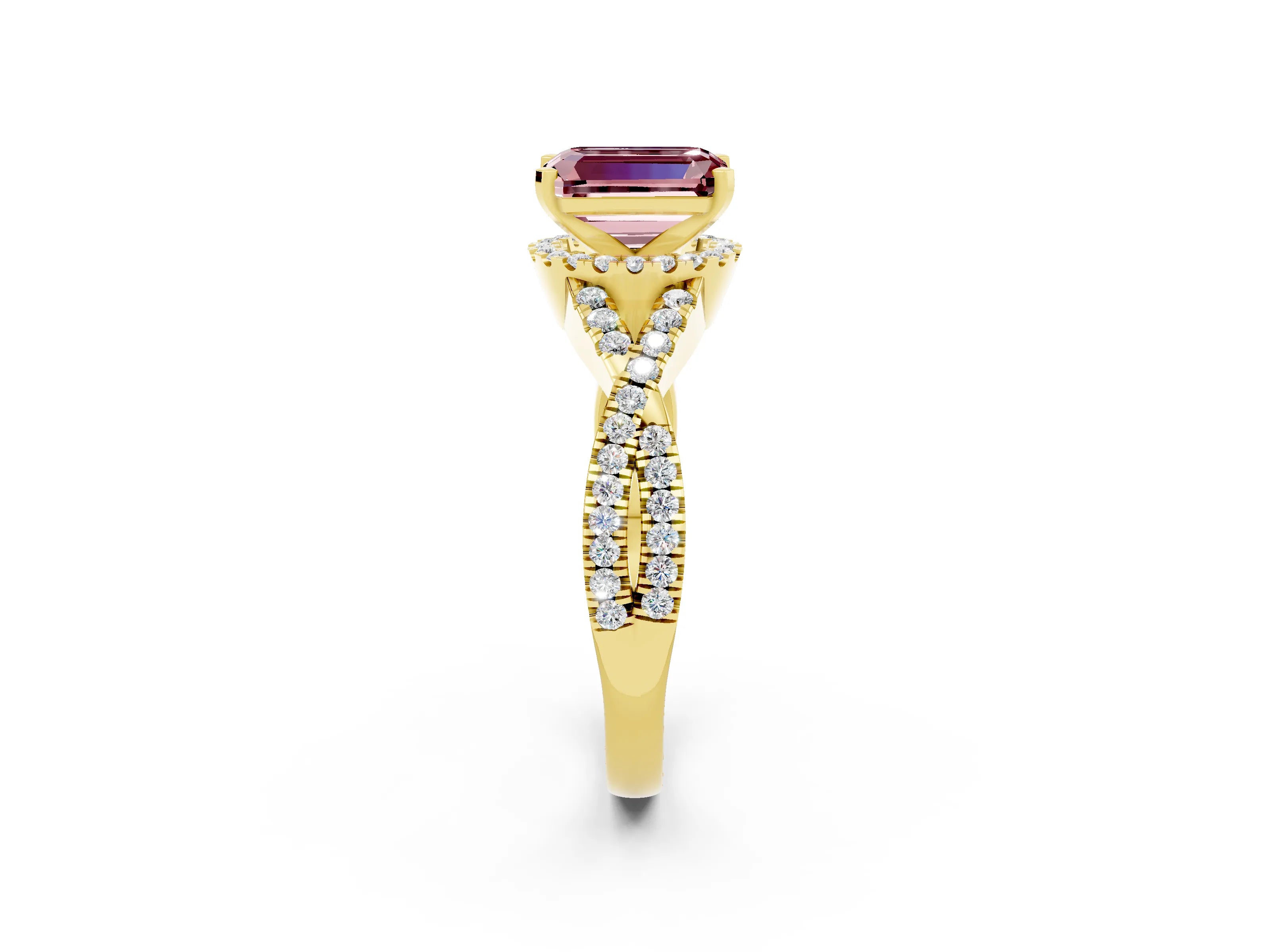 Yellow gold Emerald Cut Morganite Halo Twist Band Solitaire Prong Setting Ring_2