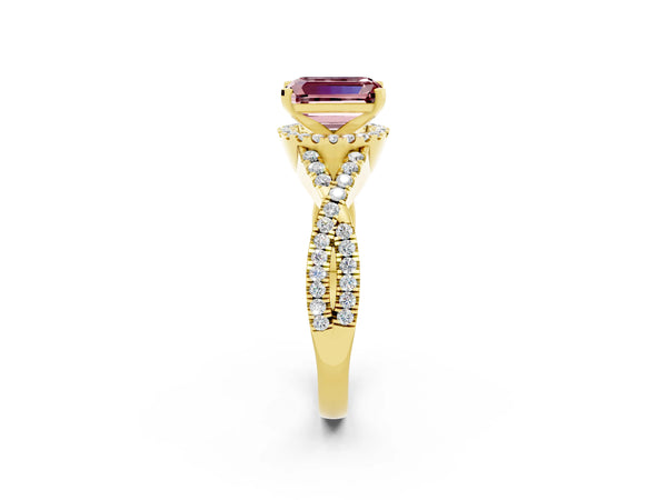 Yellow gold Emerald Cut Morganite  Halo Twist Band Solitaire Prong Setting Ring