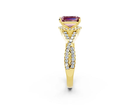 Yellow gold Emerald Cut Morganite Halo Twist Band Solitaire Prong Setting Ring_2
