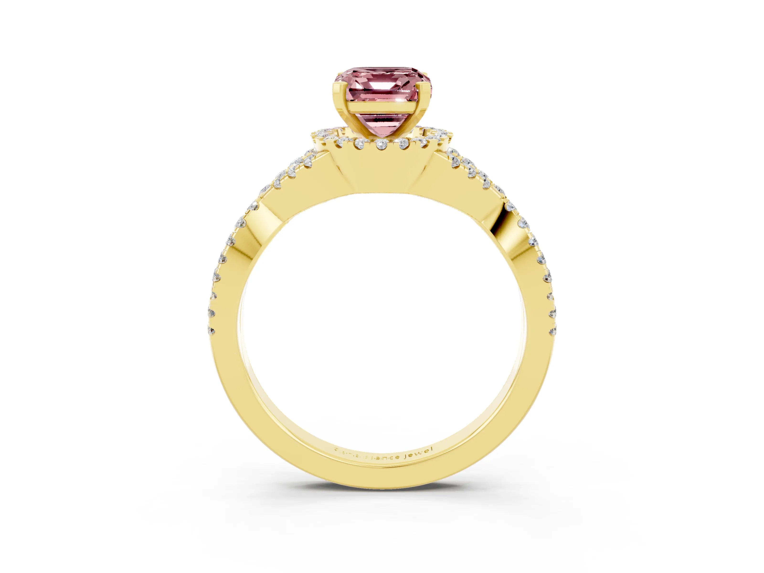 Yellow gold Emerald Cut Morganite Halo Twist Band Solitaire Prong Setting Ring_3