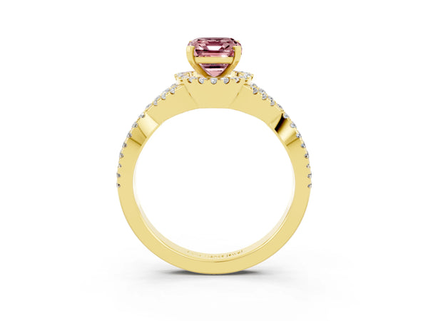Yellow gold Emerald Cut Morganite  Halo Twist Band Solitaire Prong Setting Ring
