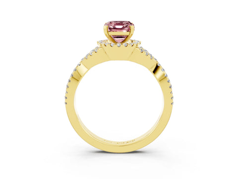 Yellow gold Emerald Cut Morganite Halo Twist Band Solitaire Prong Setting Ring_3