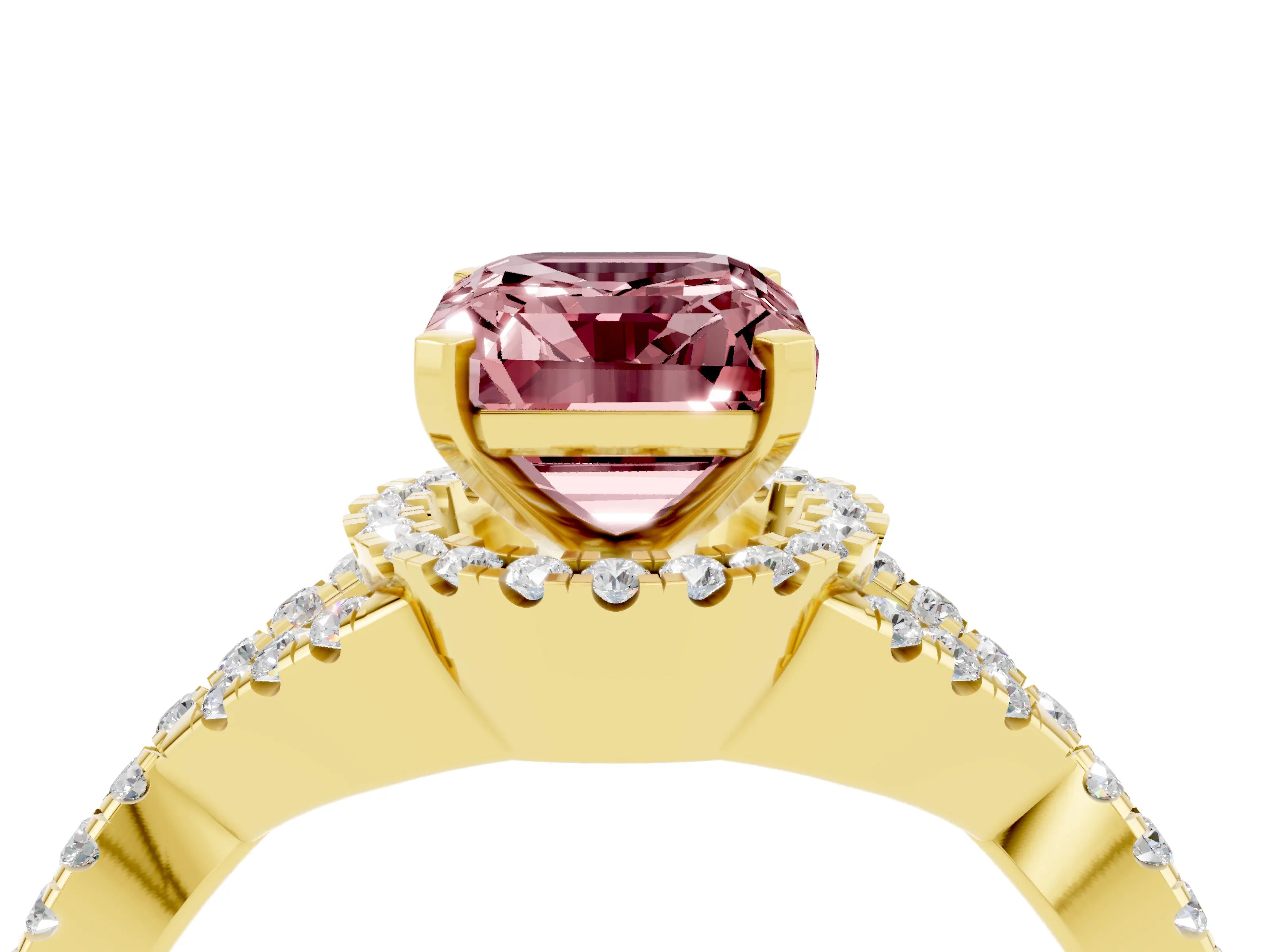 Yellow gold Emerald Cut Morganite Halo Twist Band Solitaire Prong Setting Ring_4