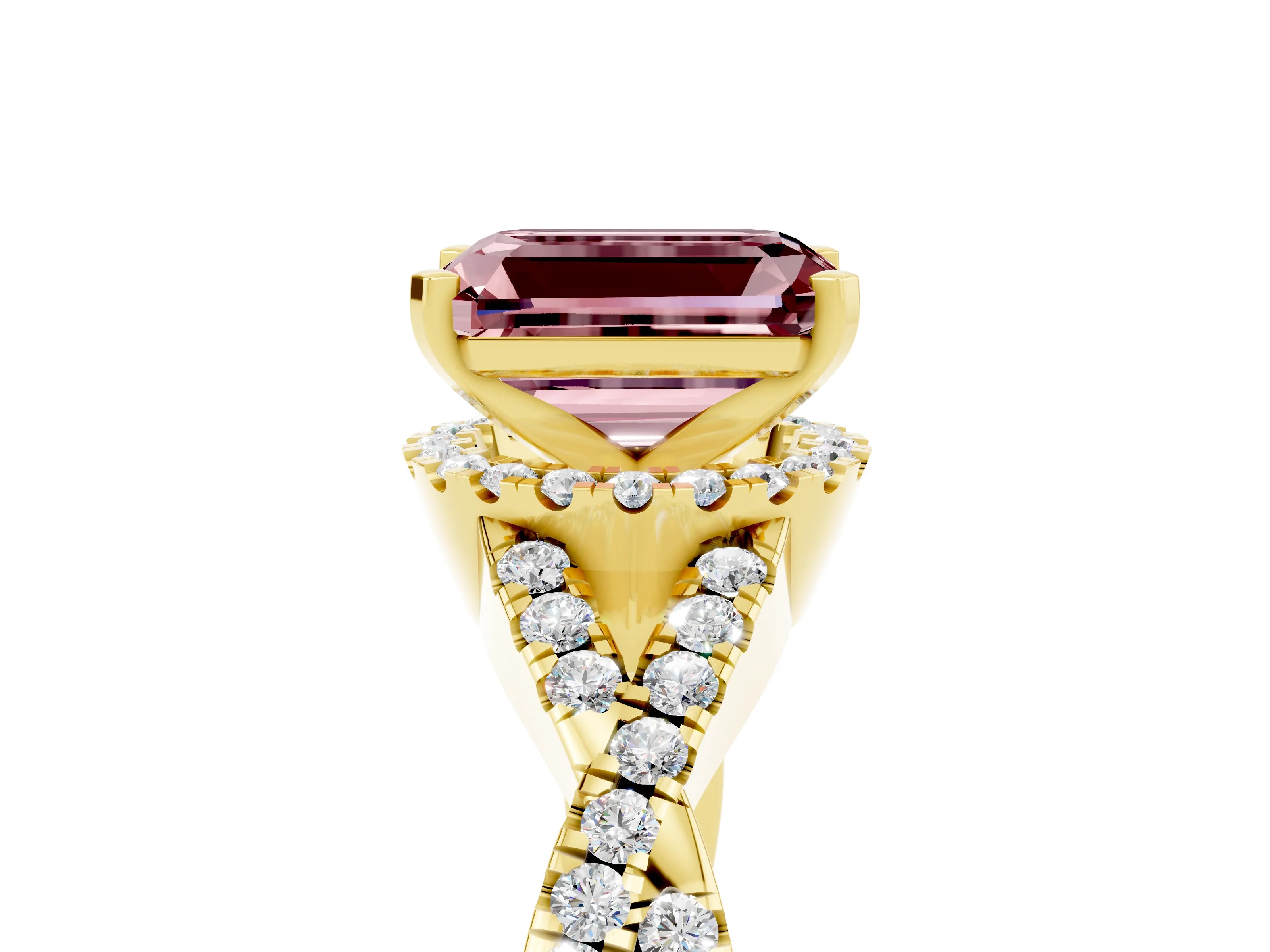 Yellow gold Emerald Cut Morganite Halo Twist Band Solitaire Prong Setting Ring_5