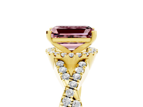 Yellow gold Emerald Cut Morganite Halo Twist Band Solitaire Prong Setting Ring_5